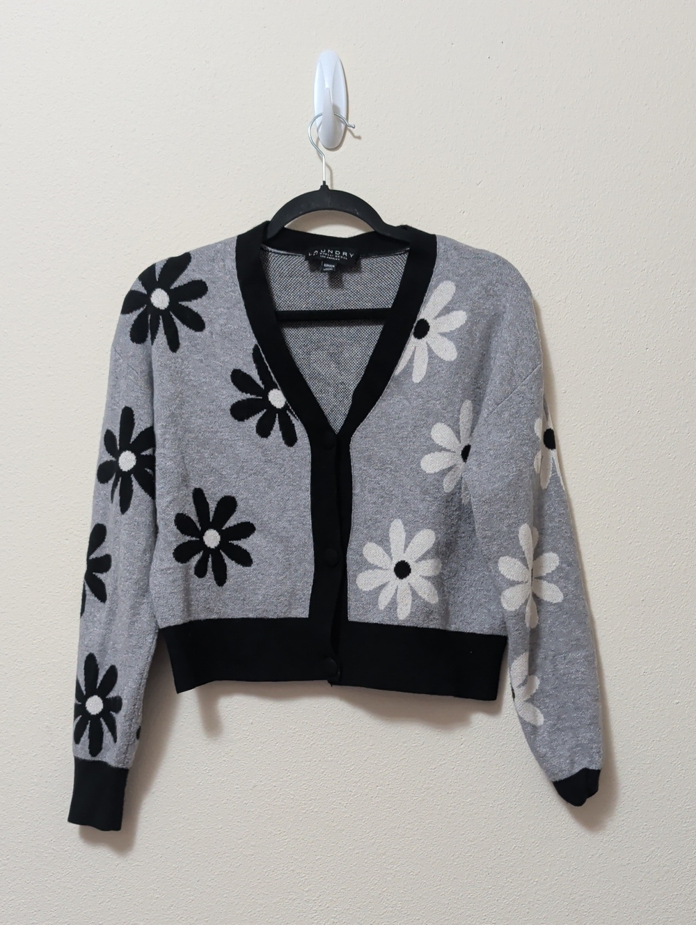 Laundry By Shelli Segal Gray Floral Cropped Cardigan with Black Trim